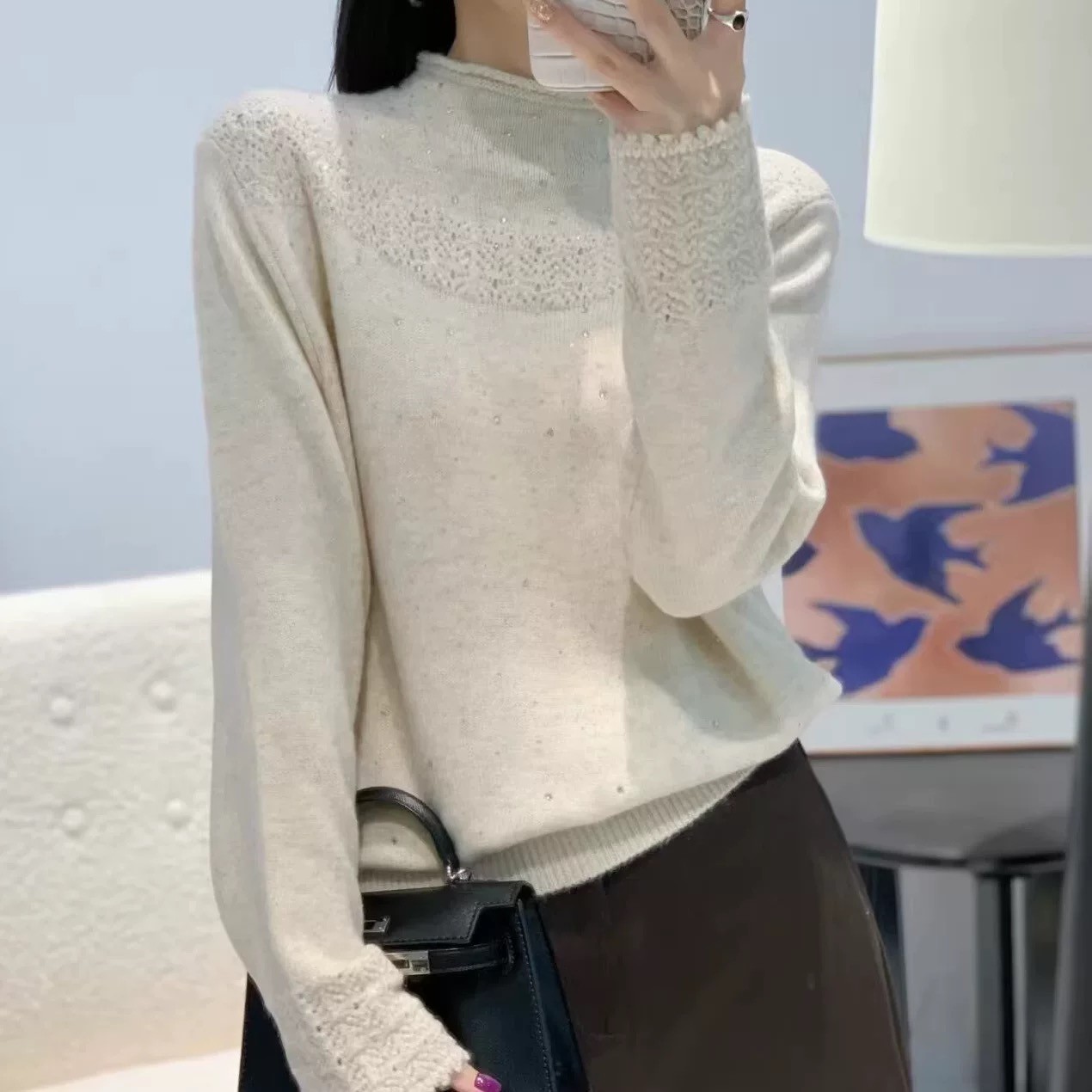 3604【重工烫钻氛围感钩花毛衣】秋冬新款女士半高领宽松针织上衣