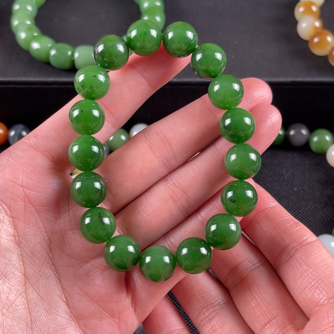 和田玉手串未镶嵌俄七坑辣菠菜卡12满肉有矿点