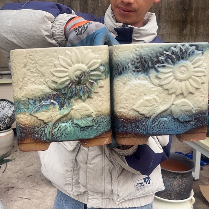 紫砂茶碗复古绿蓝两个口径19高度19