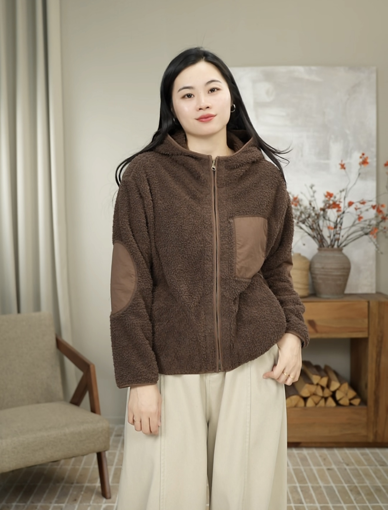 九月JIUYUE冬季新款复古休闲宽松连帽摇粒绒拼接韩版外套女 9692