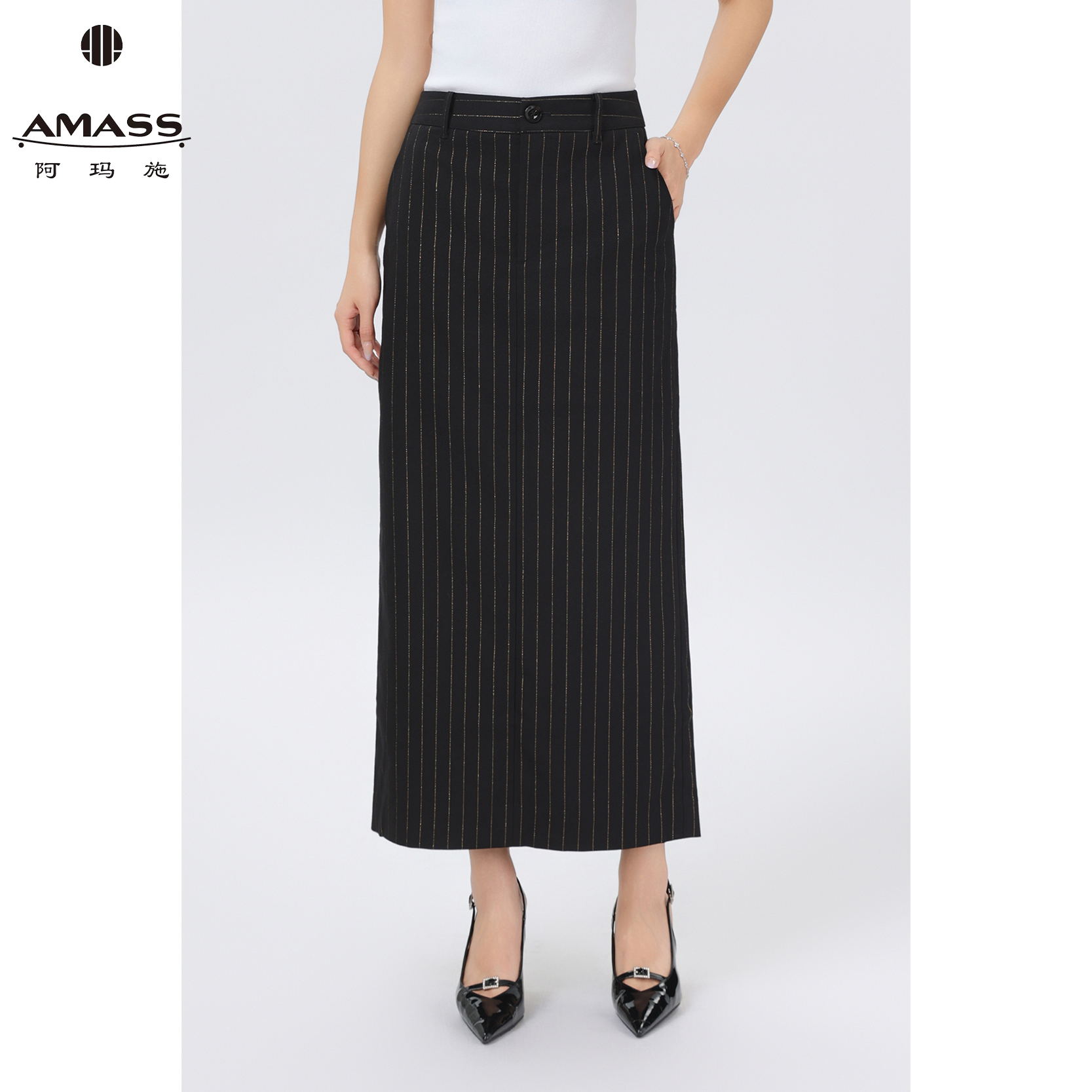 AMASS/阿玛施春夏新款高腰直筒条纹通勤轻职风时尚半身裙 5296472