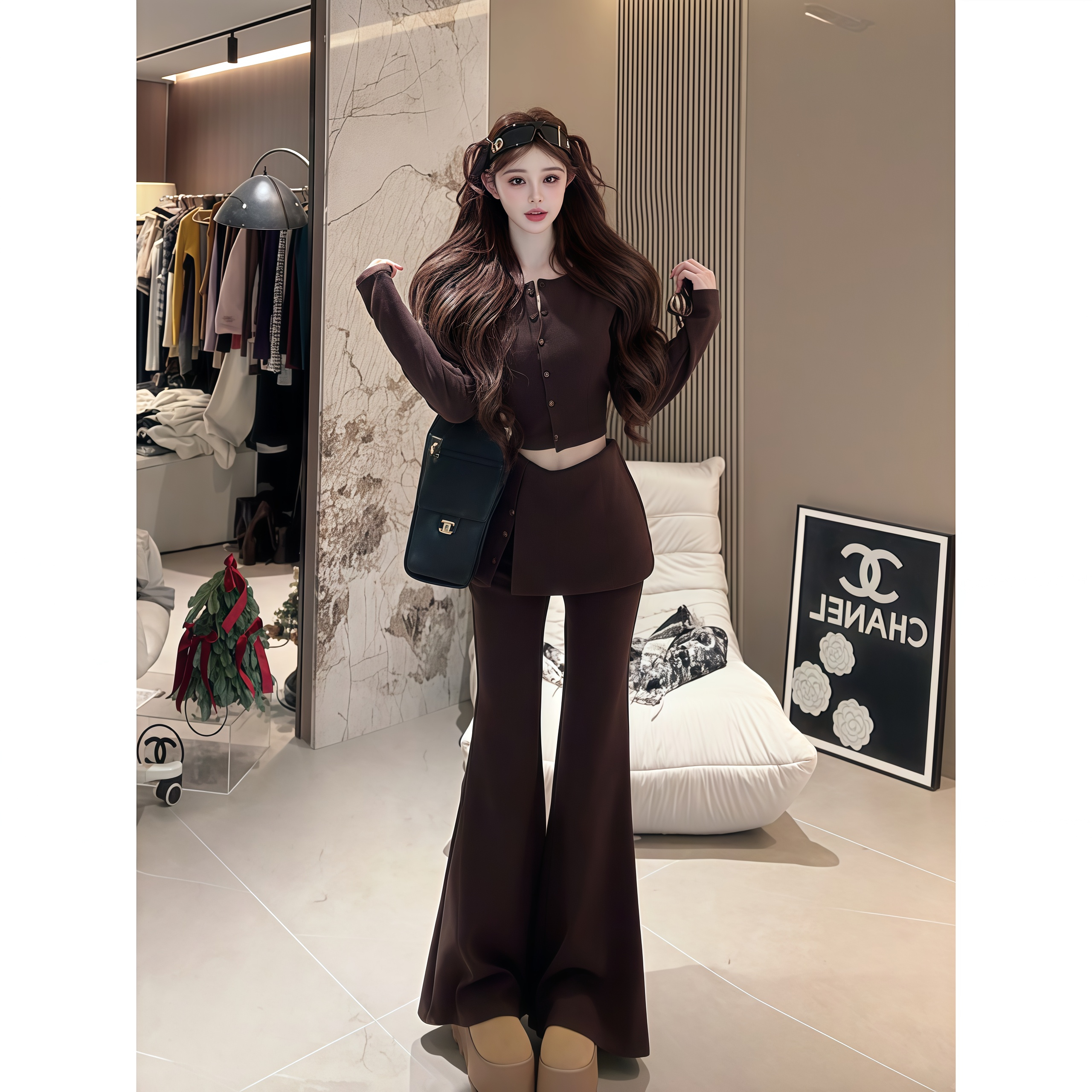 韩系慵懒风短款长袖针织开衫女秋冬新款屁帘假两件微喇裤两件套装