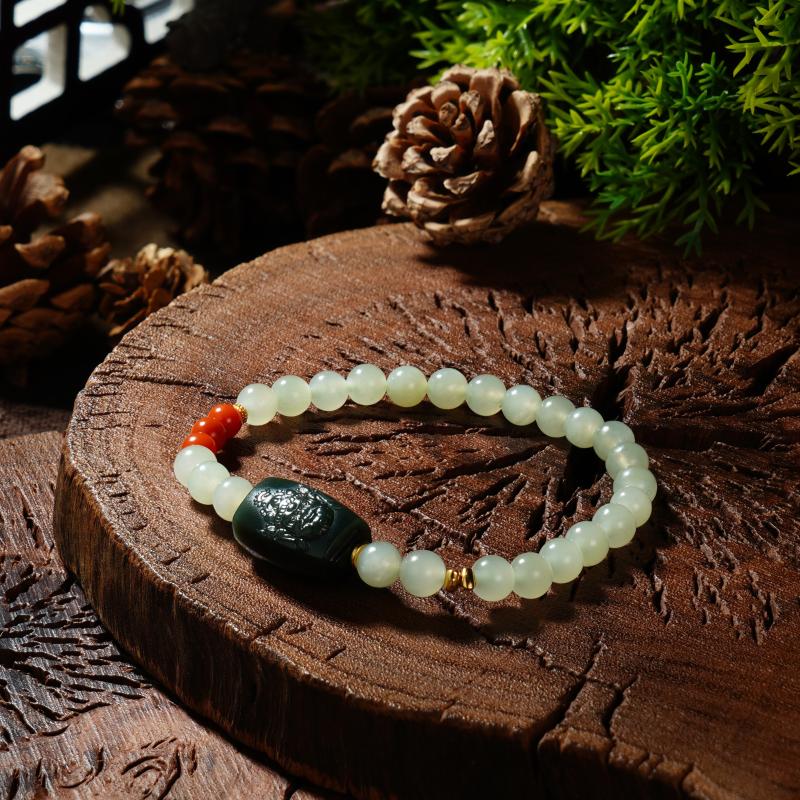 【香掌柜】和田玉晴水配塔青黄财神单圈手串（发一件）