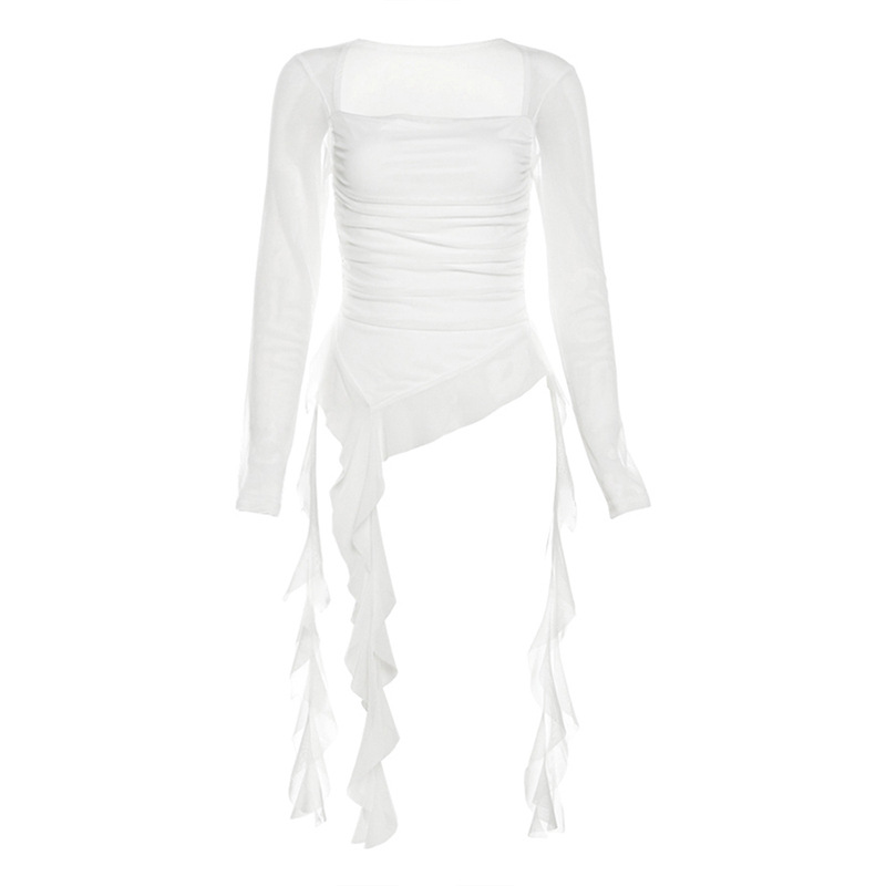  SHINING7 爵士KPOP方领透视修身上衣荷叶边不规则T恤