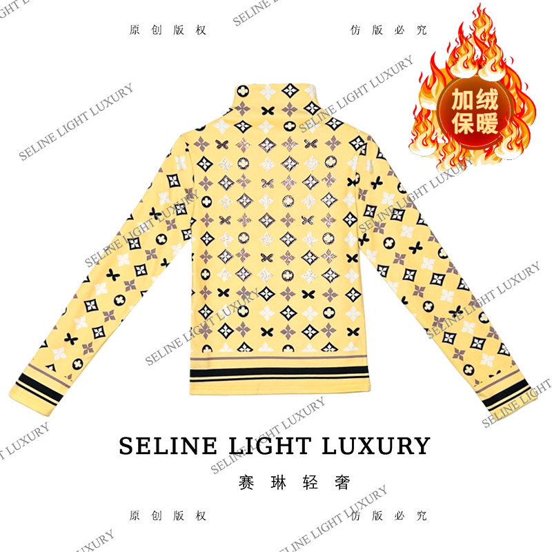 【25Q-838】太 2025 SELINE 原创黄色老花印花时尚轻奢高领加绒长袖
