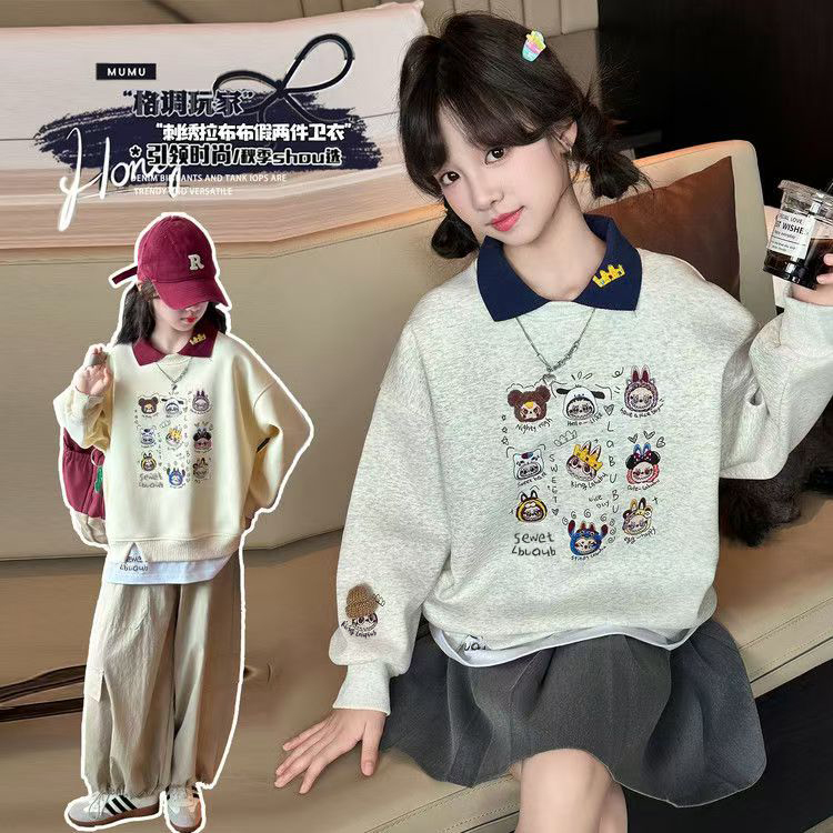 女童POLO春秋时尚新款圆领卫衣中大童可爱卡通假两件翻领双色上衣