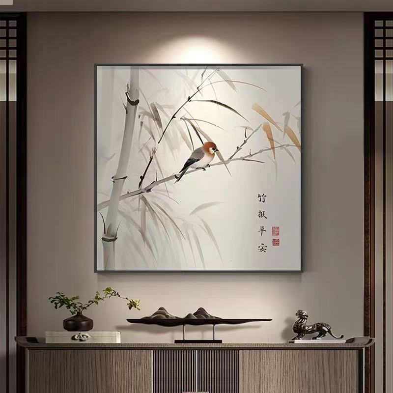 竹报平安入户玄关高级感新中式禅意方形茶室挂画简约书房砂岩画