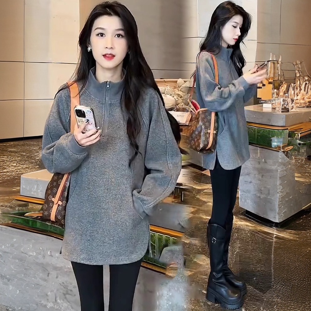 拉夏贝尔灰色立领卫衣秋季新款时尚洋气美式复古中长款打底上衣