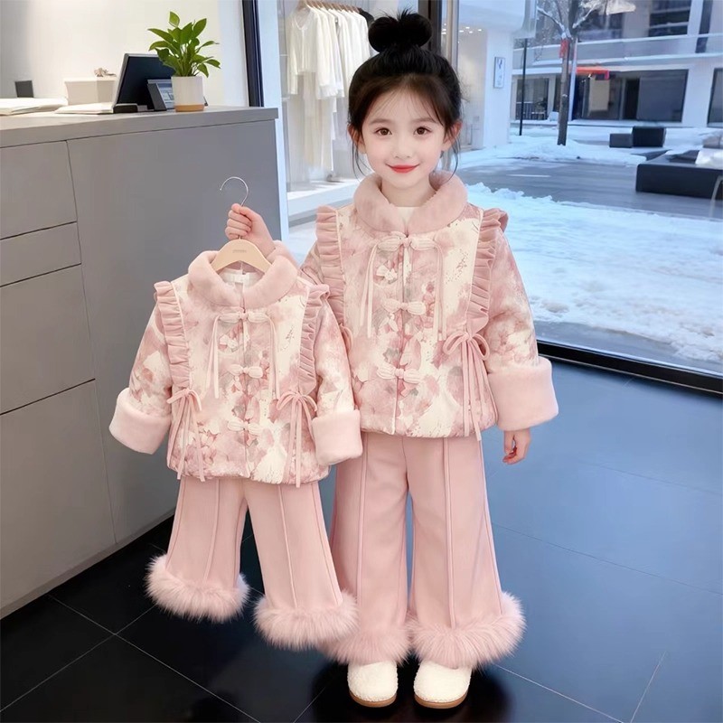 女童加绒年服套装冬季2025新款儿童新中式冬装女孩国风两件套洋气