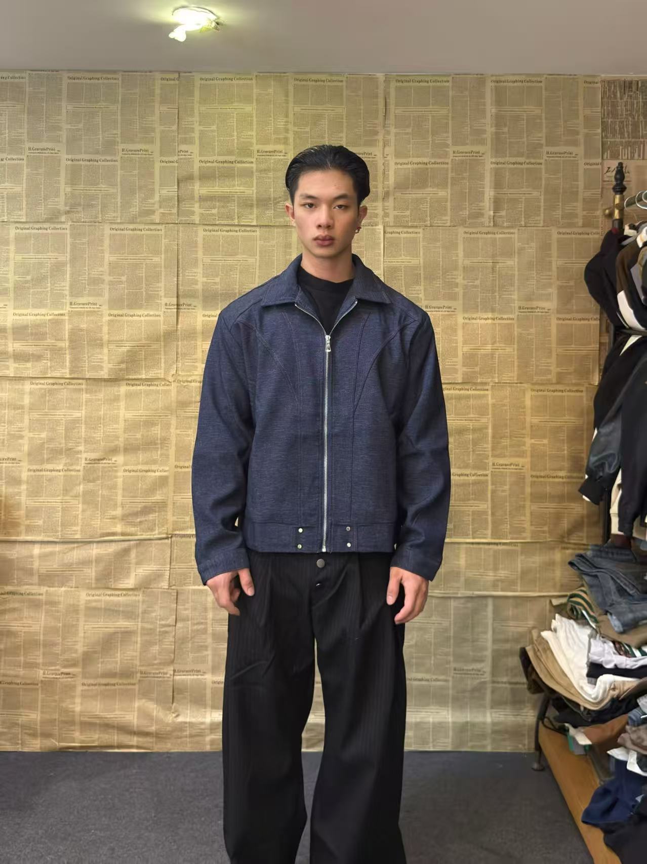 YU811 美式复古短款哈灵顿cleanfit夹克老钱风牛仔布翻领外套上衣