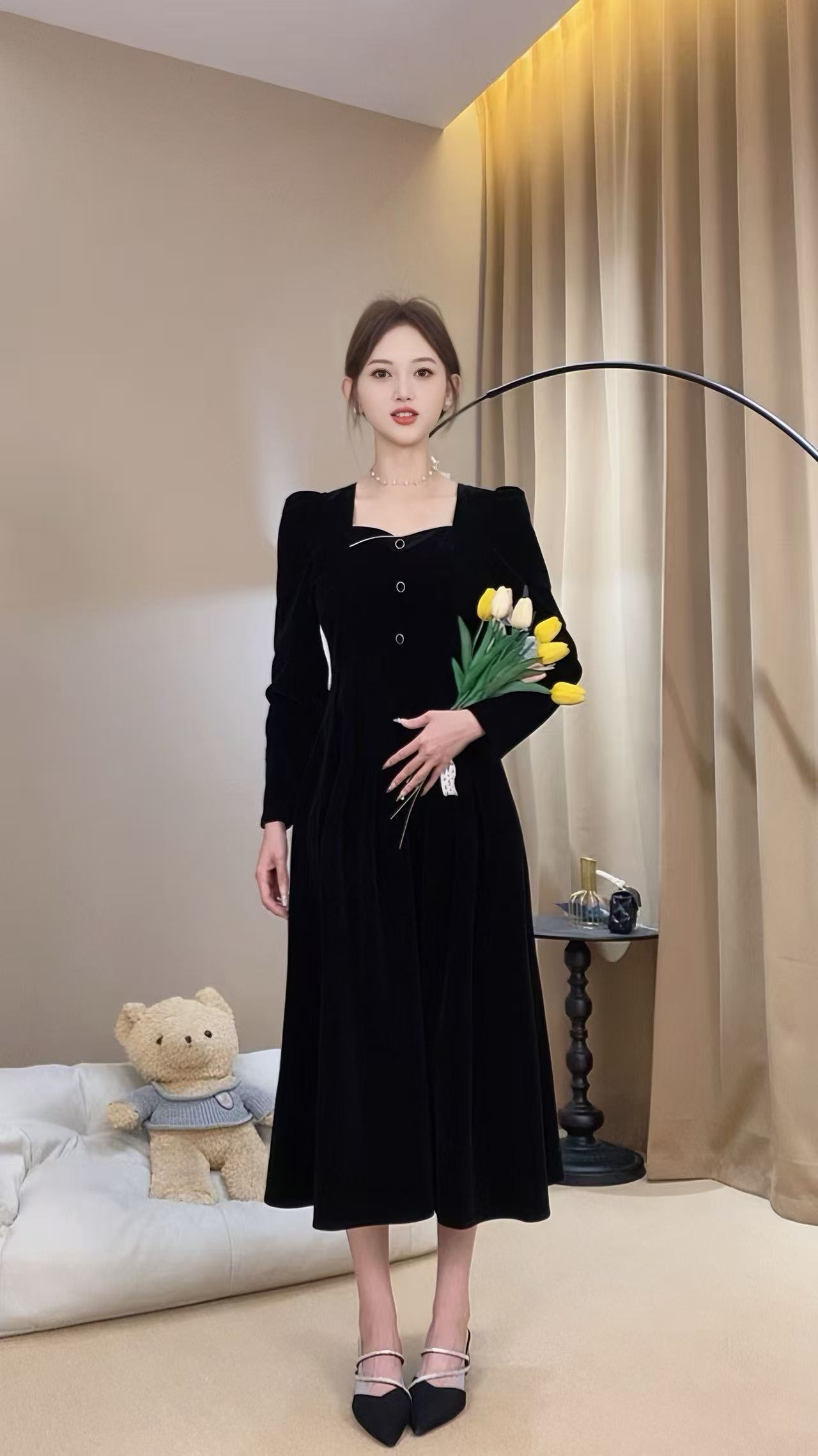 【新款6-8运贴】冬季新款交叉领显瘦收腰法式连衣裙RS2537