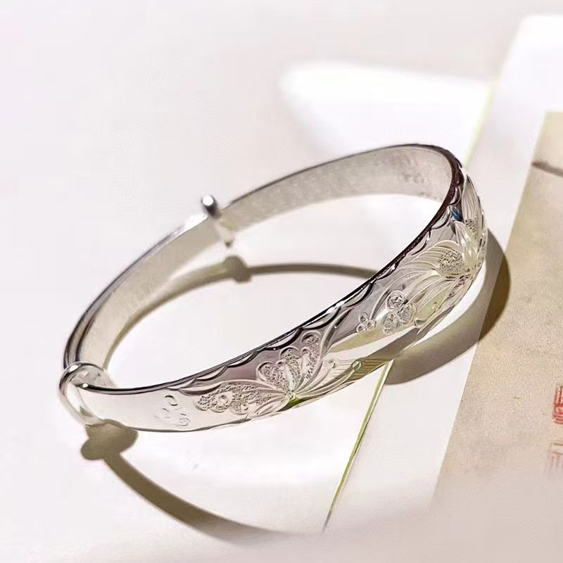 B7【约32g14MM】999.9鲤鱼戏莲实心推拉百福亮面手镯A83C23