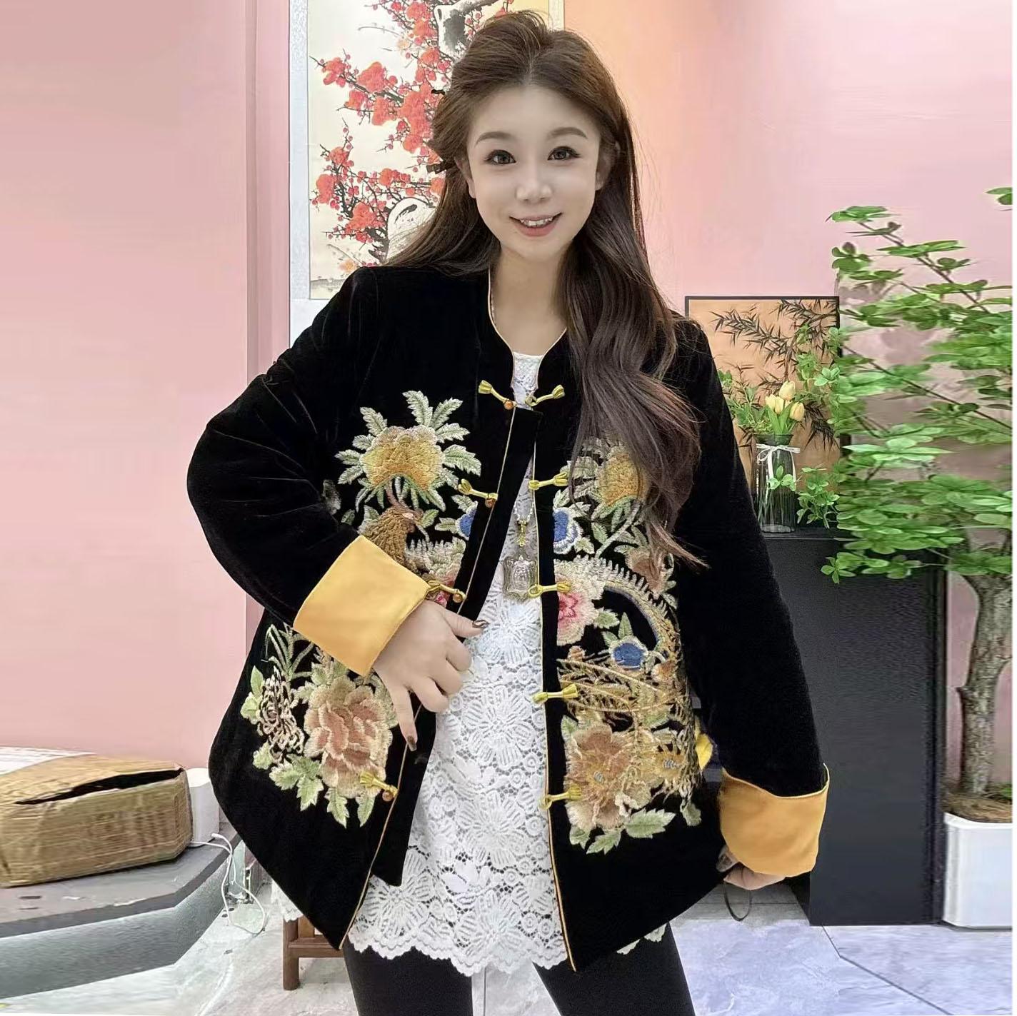 大聪（加棉）新中式重工刺绣棉服大码国风凤穿牡丹夹棉冬季外套8921