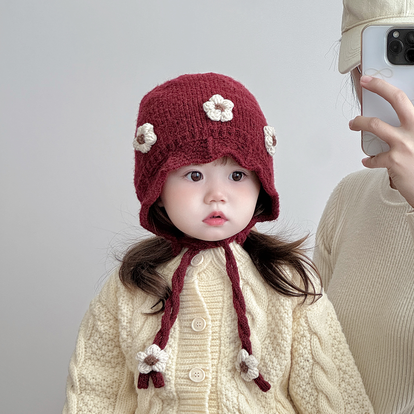 宝宝帽子冬天毛线帽可爱韩版甜美花朵针织护耳帽婴幼儿加厚保暖帽