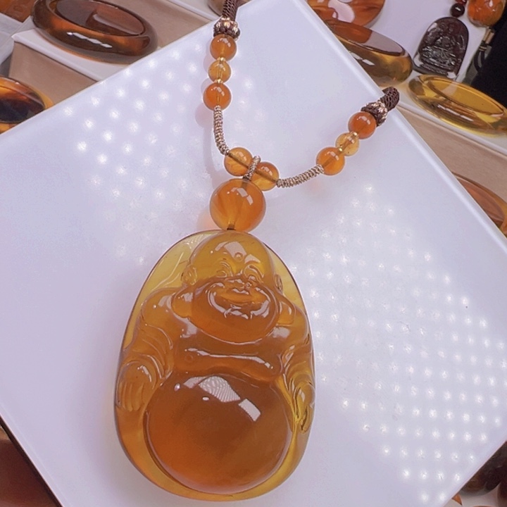 琥珀颈饰未镶嵌天然缅甸琥珀笑佛吊坠24克
