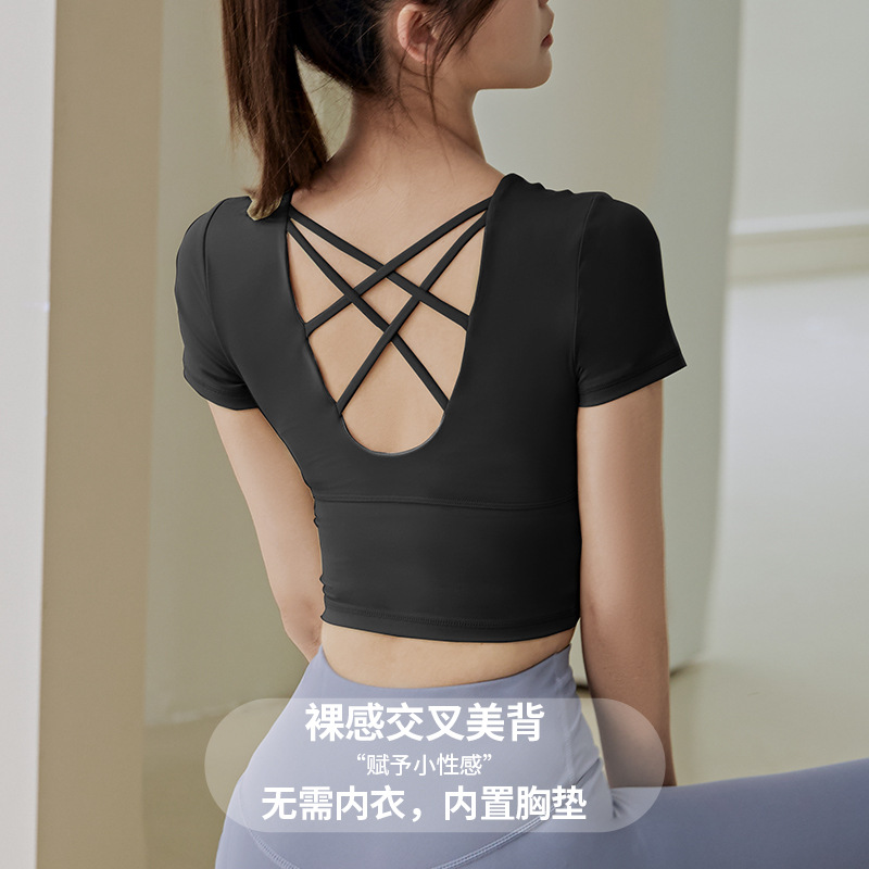 运动文胸背心上衣女弹力紧身短款瑜伽服T恤外穿健身训练跑步短袖
