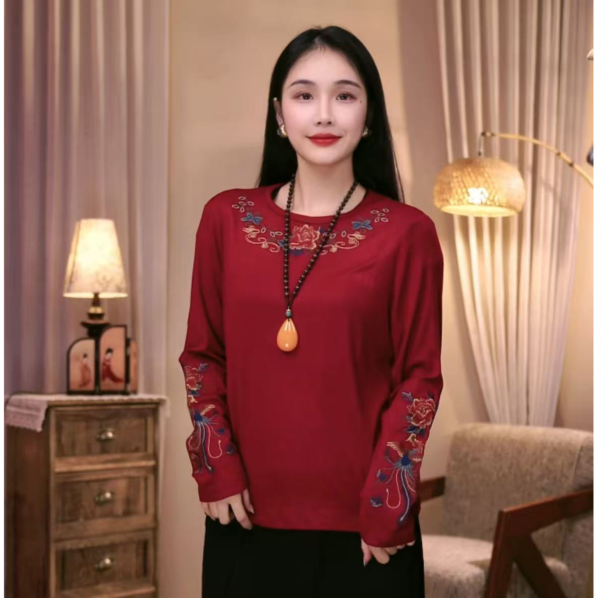 引卷凤凰秋冬女士复古新中式民族风刺绣圆领打底衫外穿时尚百搭