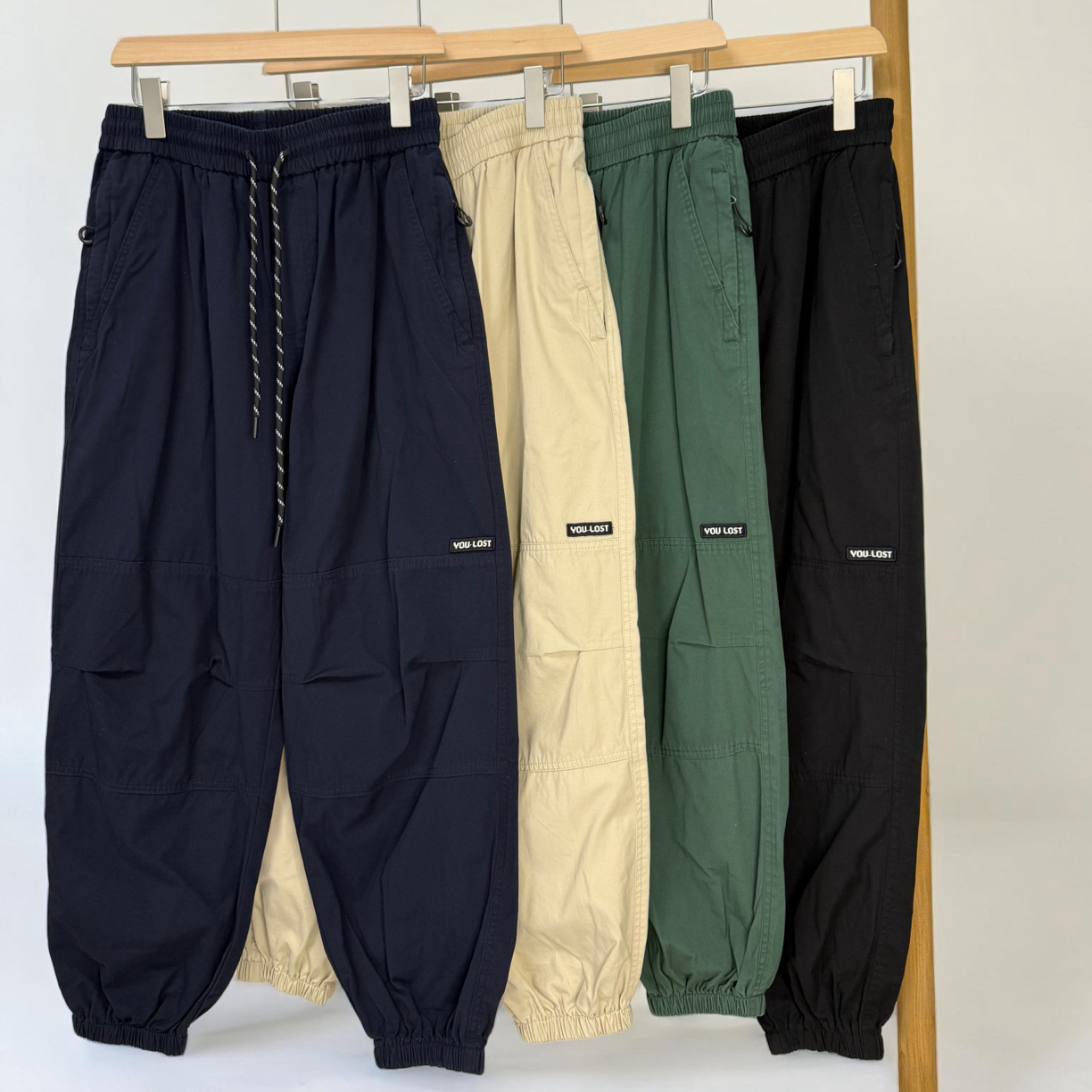 春秋款纯棉宽松休闲工装运动裤松紧腰束带束脚裤