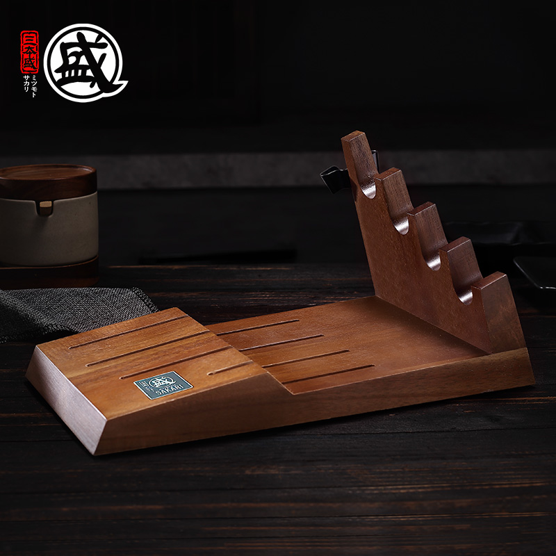 三本盛台式简约实木刀座家用中式槽式刀架厨房用沥水置物菜刀刀架