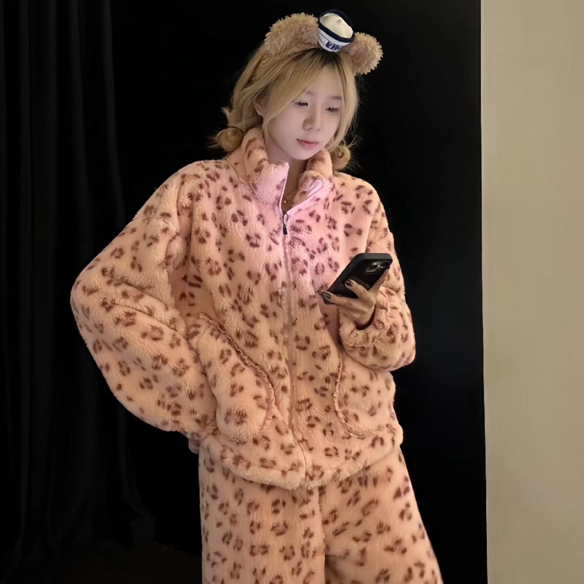 豹纹半边绒睡衣女秋冬季加绒加厚保暖长袖家居服套装可外穿