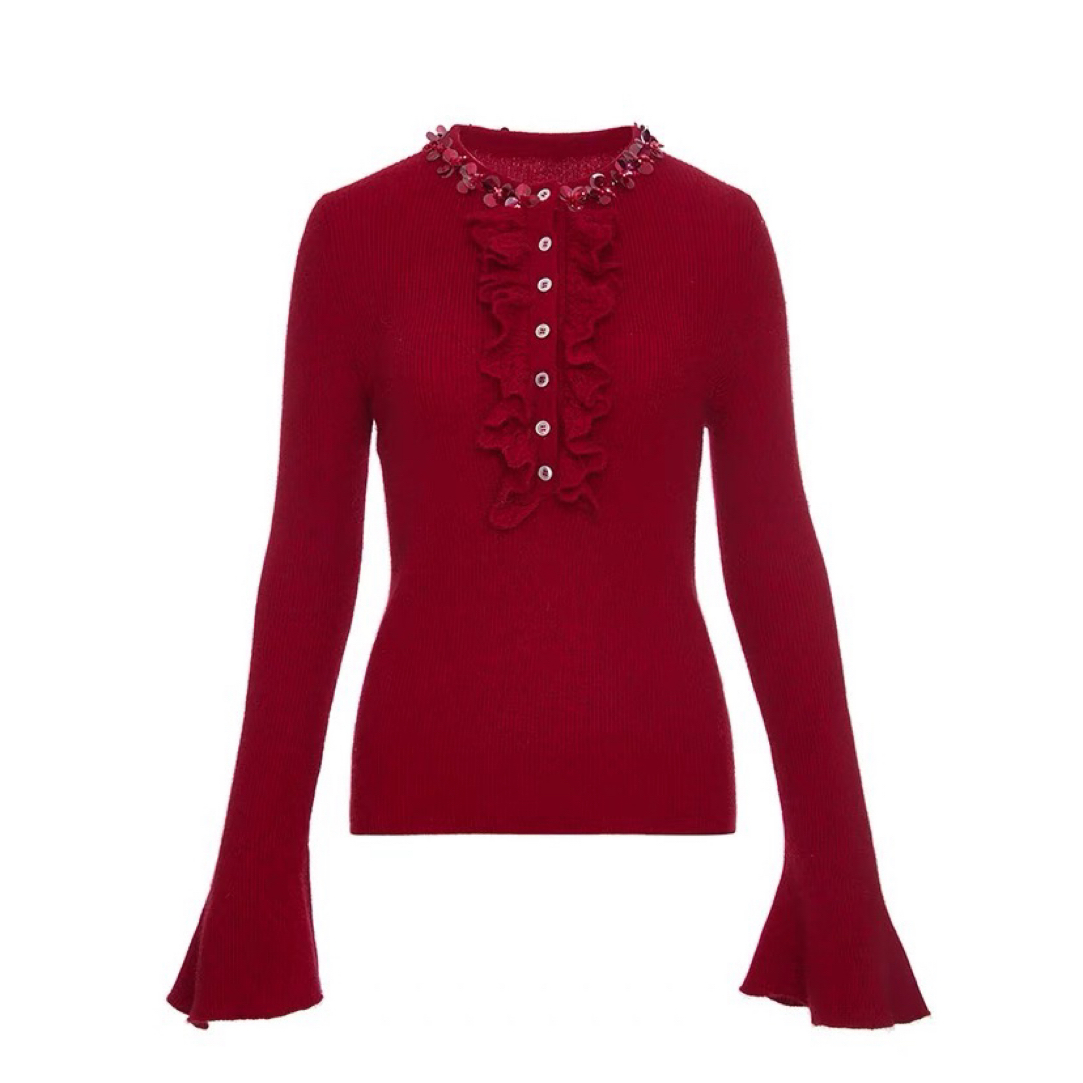 ROCHAROMMA荷叶边门襟喇叭袖毛织上衣女甜美气质圆领毛衣