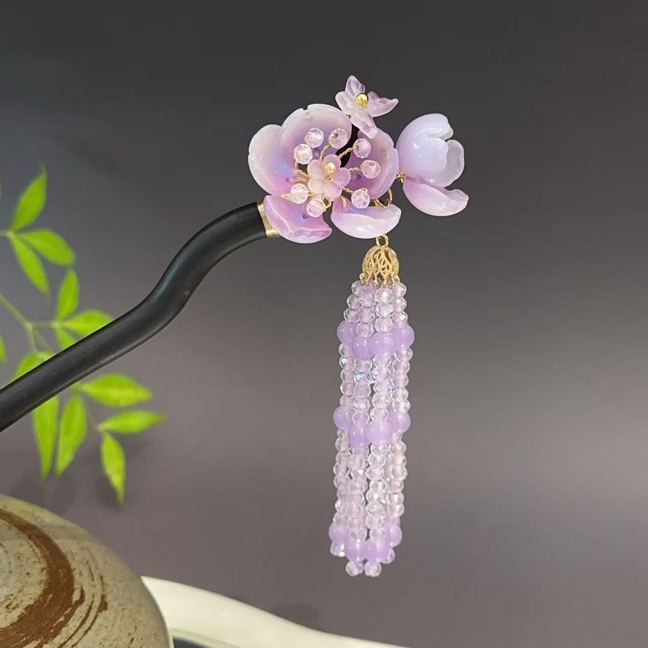 FUXI/福熙【花间令】精品水晶设计师款重工单花紫色流苏发簪1467