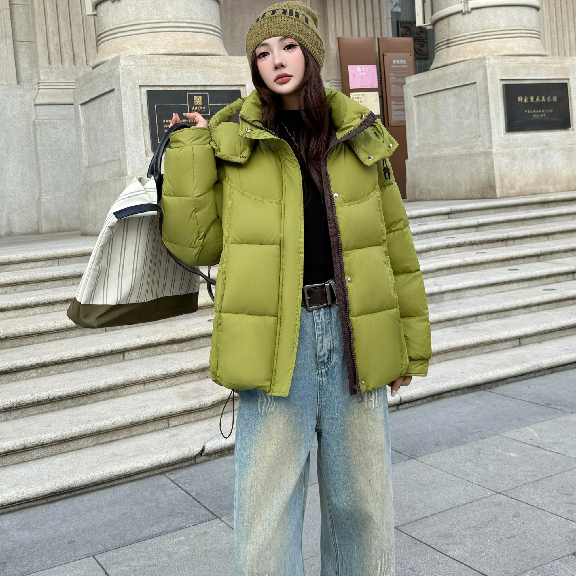 【瑞丽家】帽拉链厚款立领拼接长袖棉衣轻薄女装时尚纯色