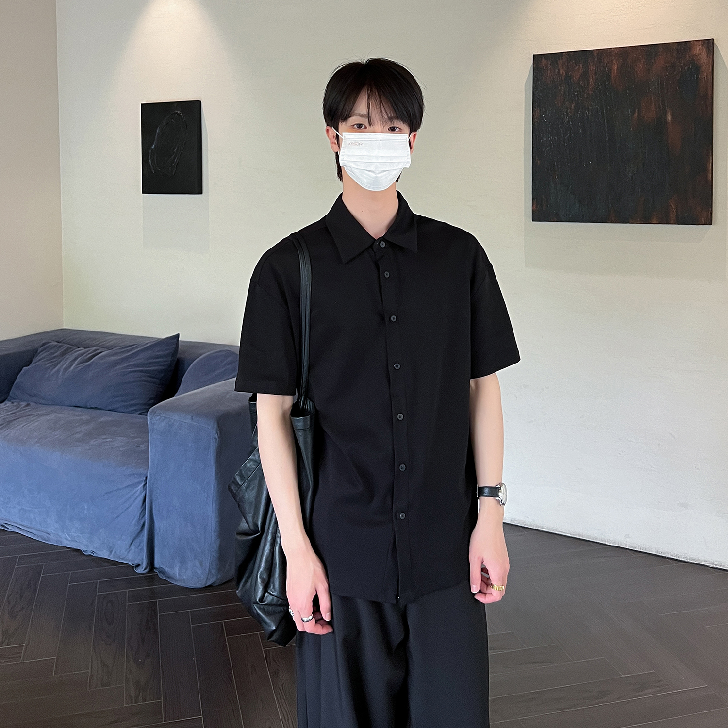 高林凡 韩版简约纯色短袖上衣舒适百搭潮流polo领休闲五分袖衬衫