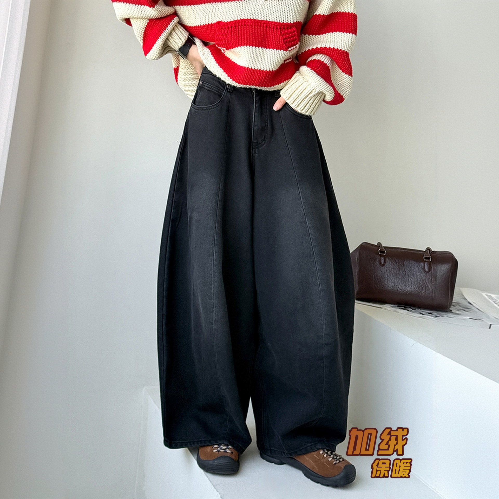 版型好的阔腿牛仔裤女花苞茧型弯刀直筒气球裤加绒加厚老钱风裤子