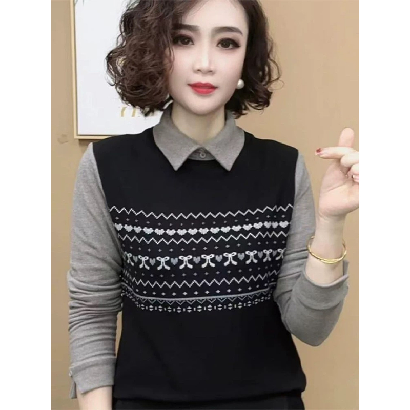 德绒假两件秋冬款时尚洋气百搭显瘦宽松长袖翻领保暖打底衫女上衣