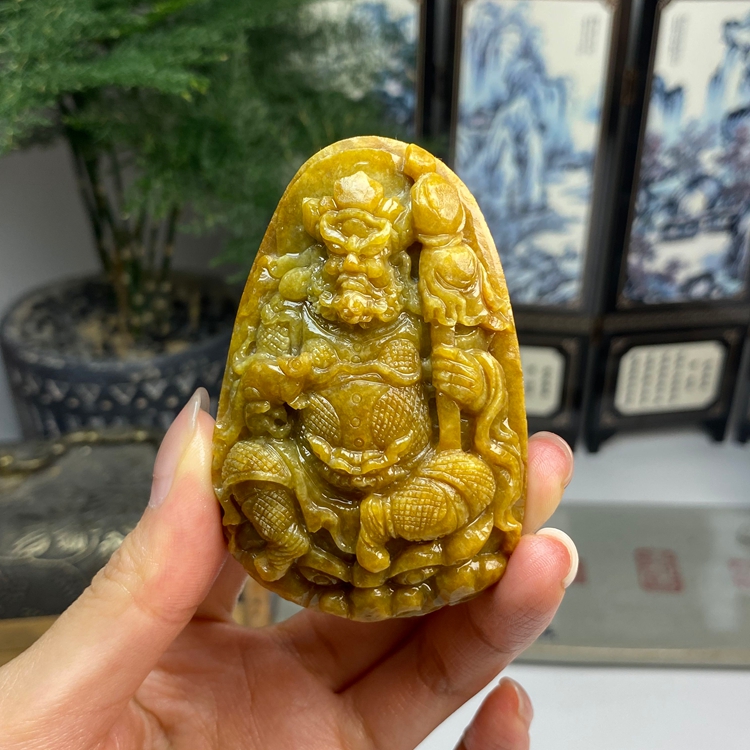 毛货  黄翡黄财神挂件小摆件 天然翡翠A货