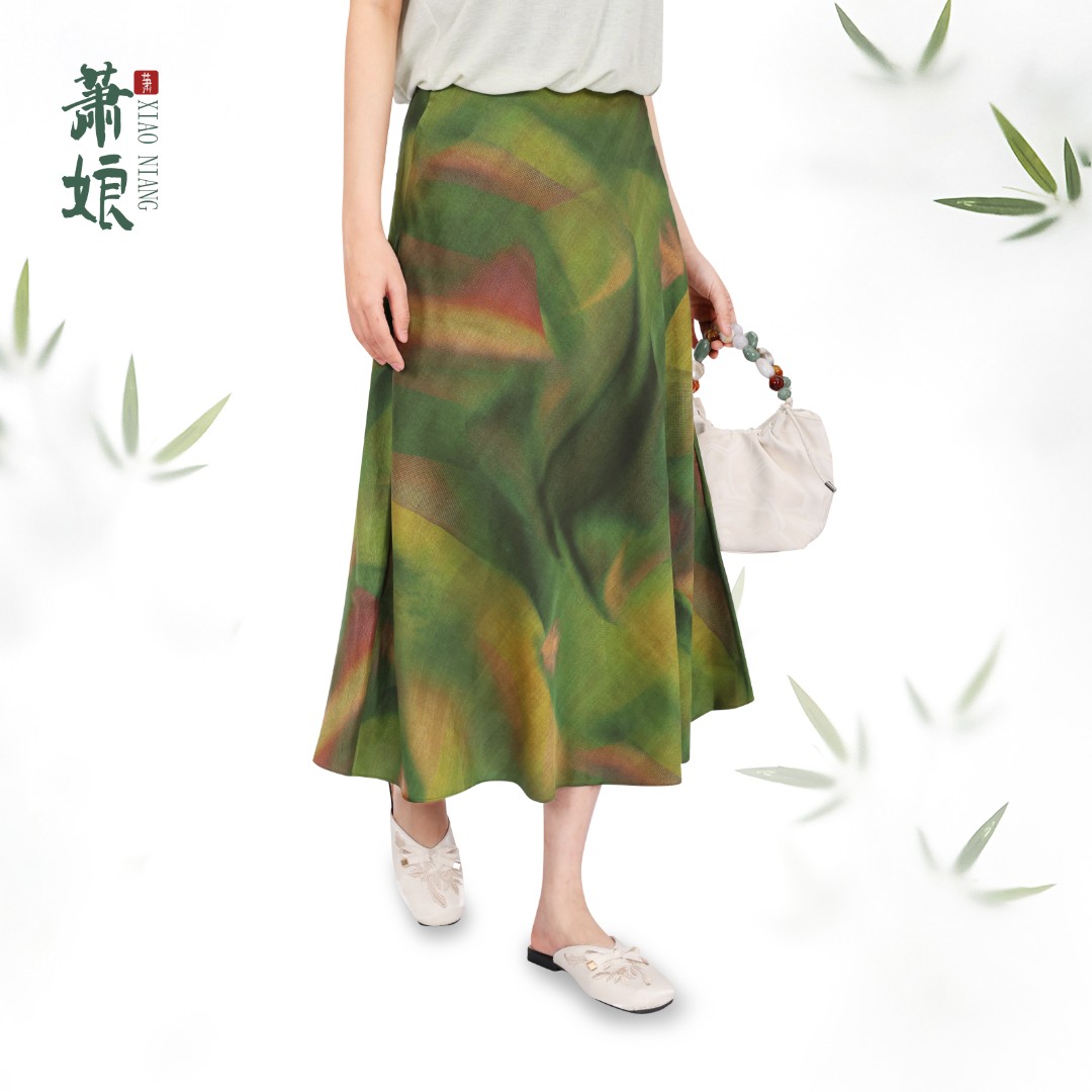 萧娘【烟纱吻风】弹力缎红云纱半身裙休闲百搭新中式清新女半裙5299