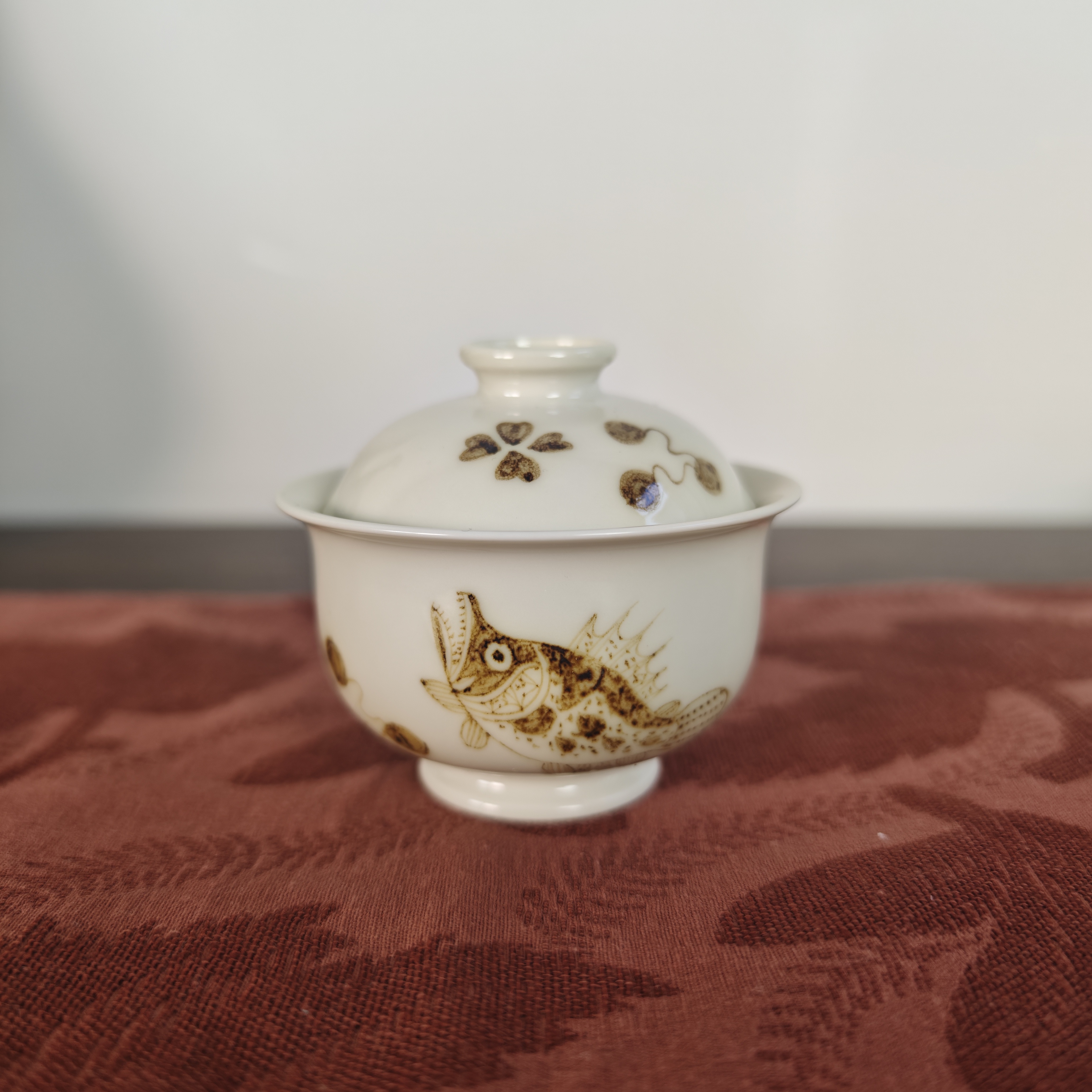 景德镇全手工手绘柴窑2号釉鳜鱼釉里金布袋盖碗-110cc