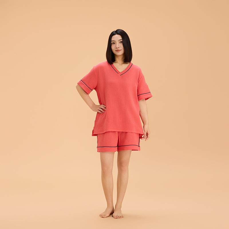 玛万MAWALIFE双层纱情侣家居服短袖短裤宽松2件套