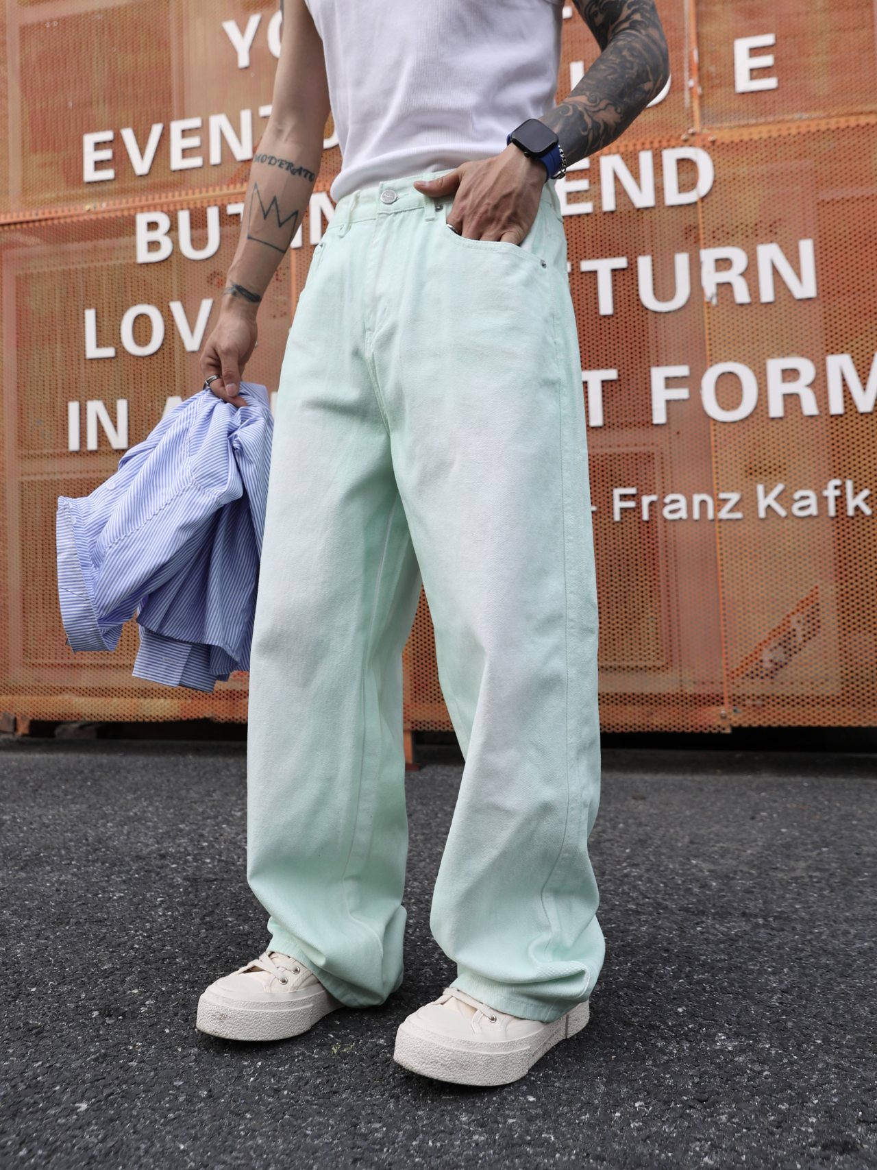 AF1轻奢高定做旧中腰春秋男简约风微弹牛仔裤复古潮流高街美式