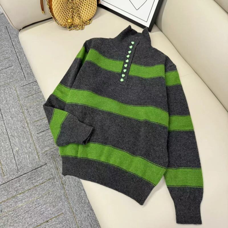 深圳南油白桃美美 春秋爆款韩系灰拼绿色条纹百搭显瘦上衣A1079