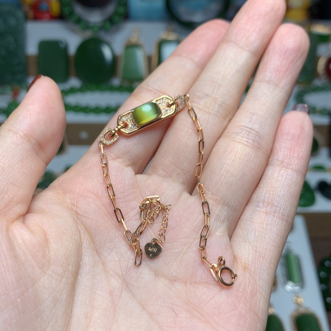 和田玉（碧玉）18K金镶嵌金猫手链小*
