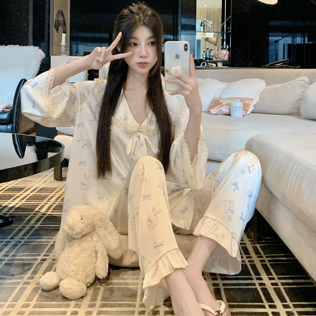【薄荷小兔 】水光丝甜美可爱小兔夏季短袖女生睡衣家居服套装