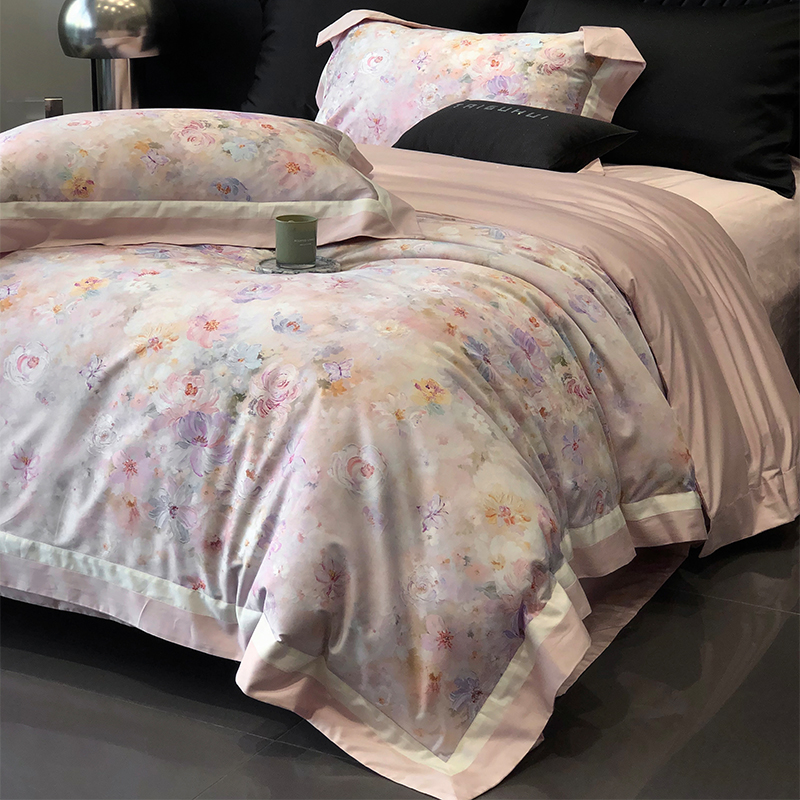 喜兹 生如夏花 数码印花全棉四件套 全棉双拼荷叶宽边工艺床品