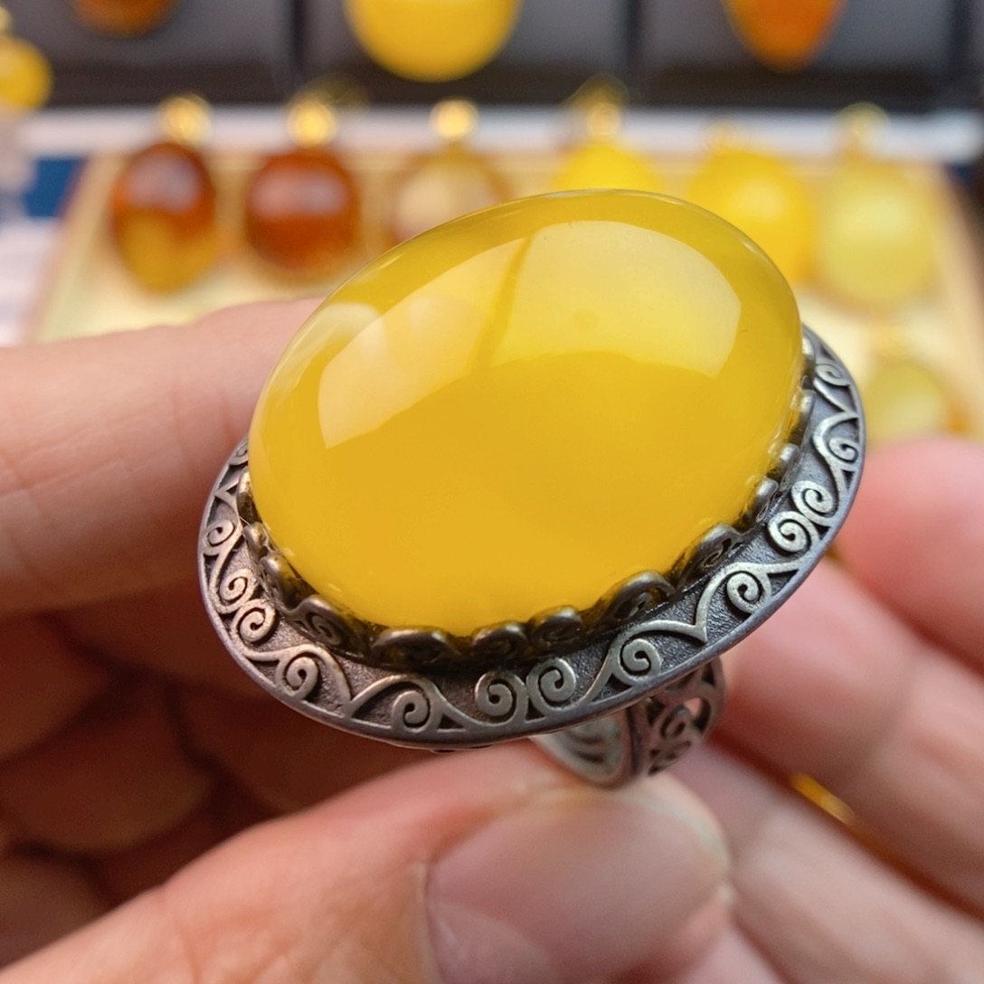 琥珀戒指银S925镶嵌仿古银