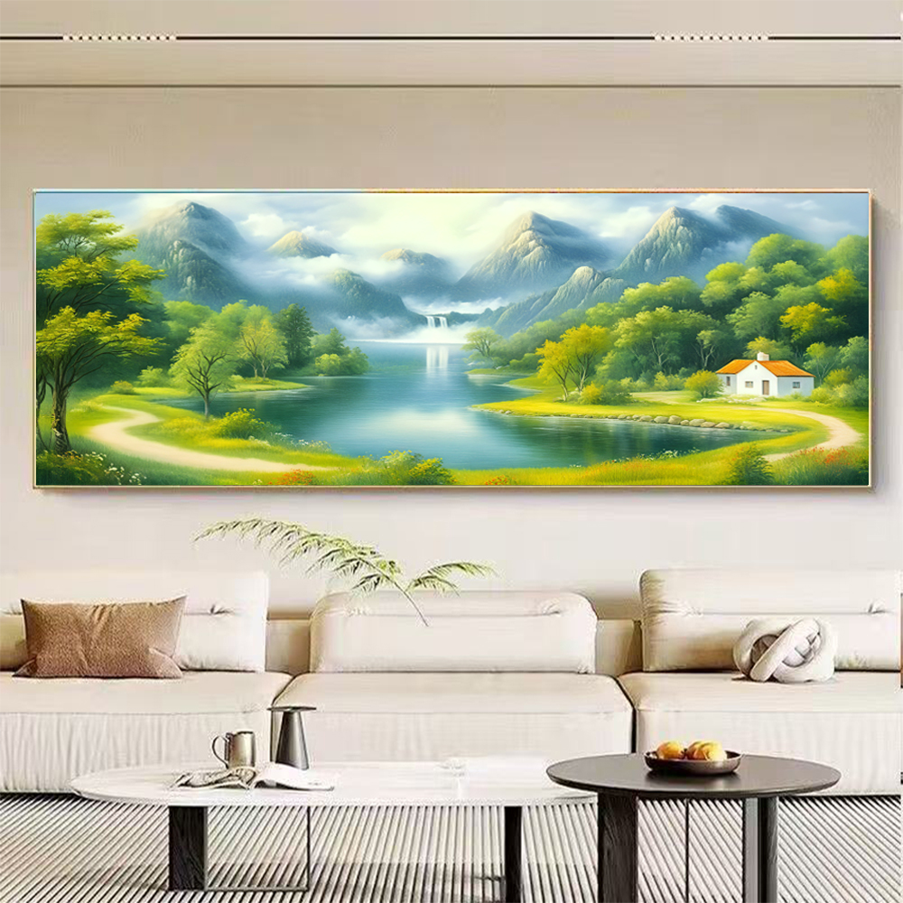 福居宝地山水画客厅西墙聚财装饰画流水生财沙发背景墙挂画靠山图