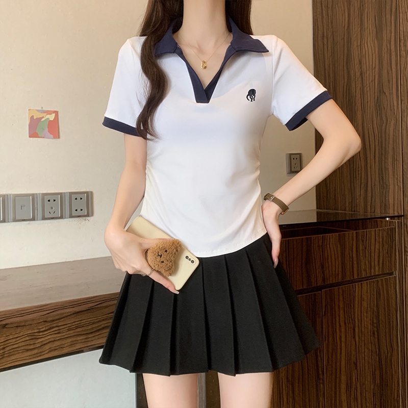 K大码撞色polo领正肩短袖T恤女夏季2025新款修身显瘦运动百搭上衣