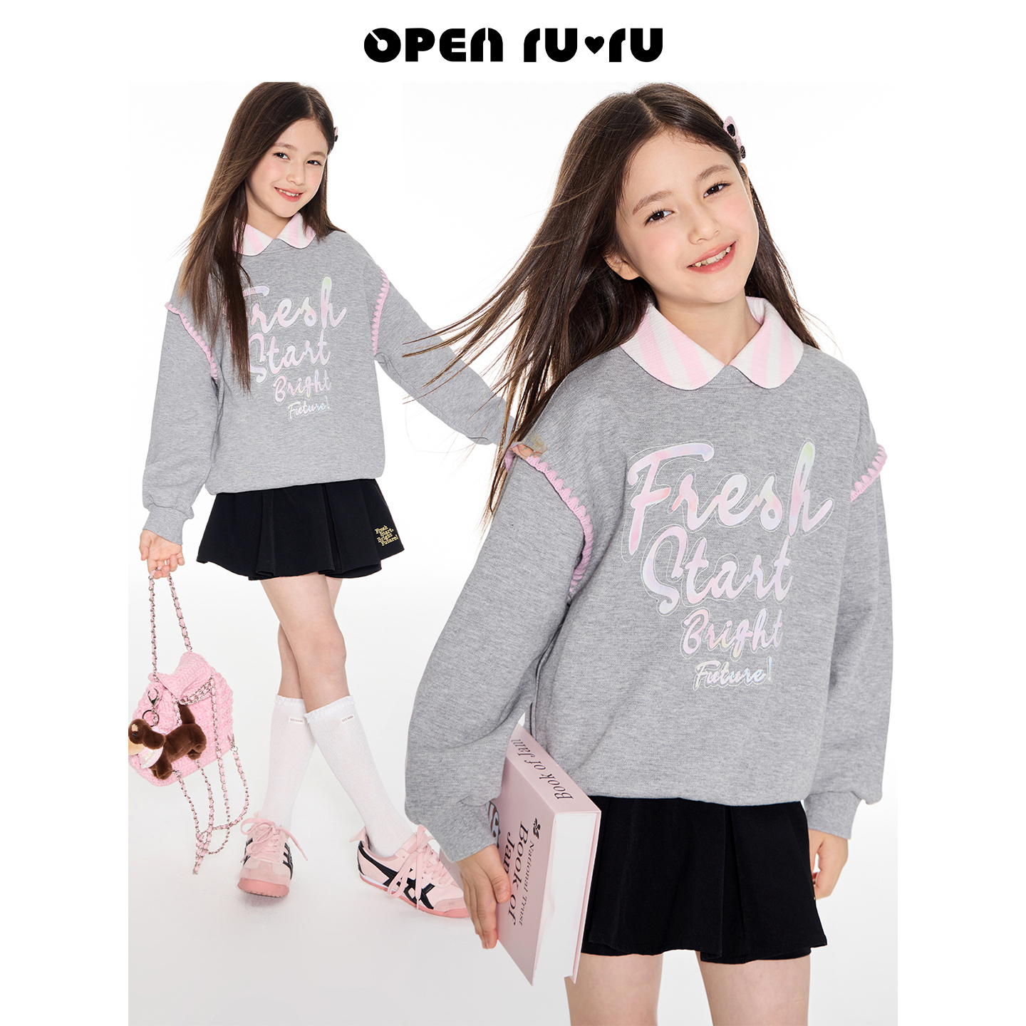 Opennunu女童幻彩字母印花卫衣秋季贝壳绣设计感圆领休闲上衣