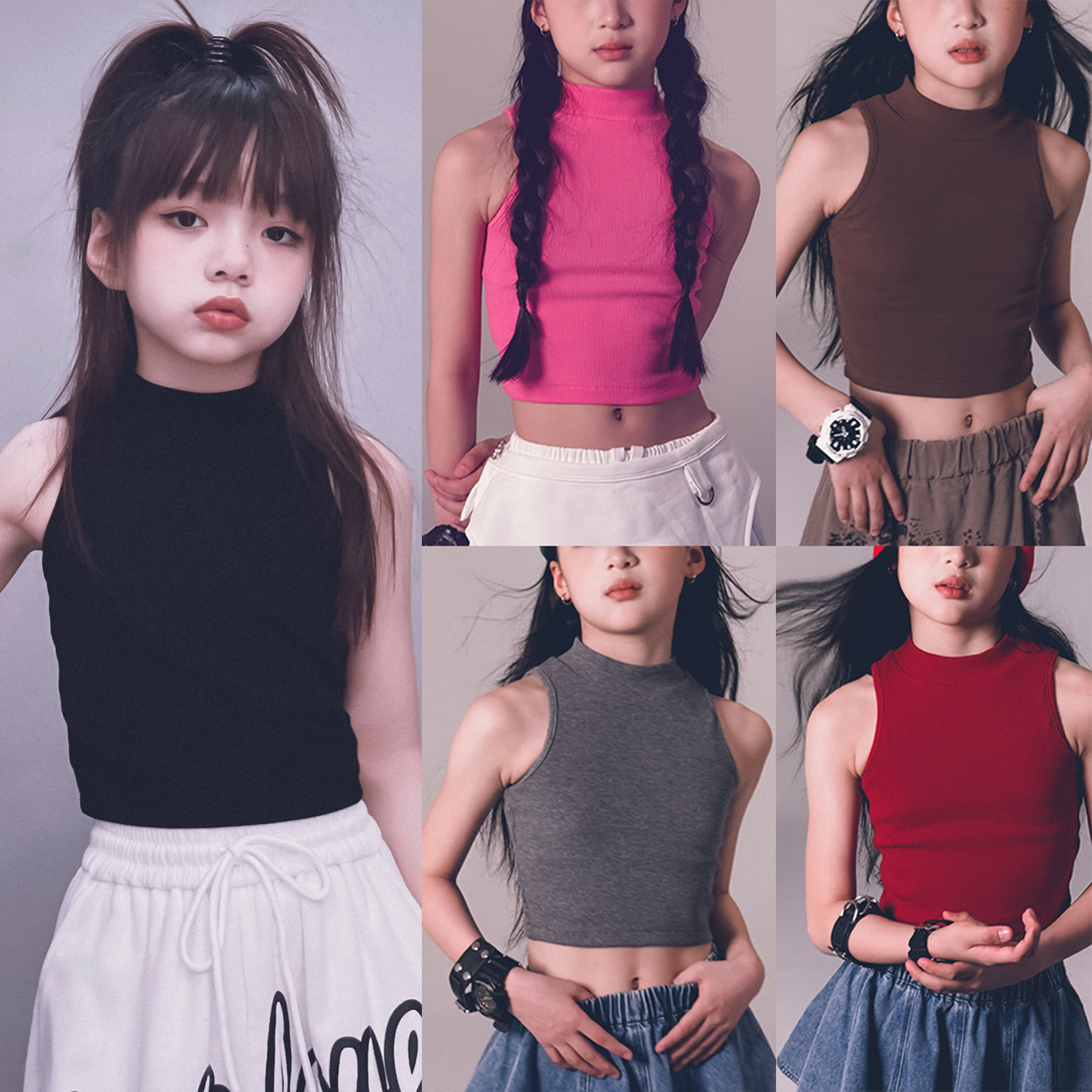 冷大娘 女童宝宝纯棉背心无袖吊带高腰爵士舞表演出练功服亲子款