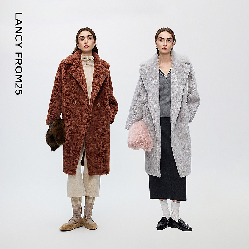 人造皮草【王楚然同款】朗姿颗粒大衣西装领中长款外套设计感冬季