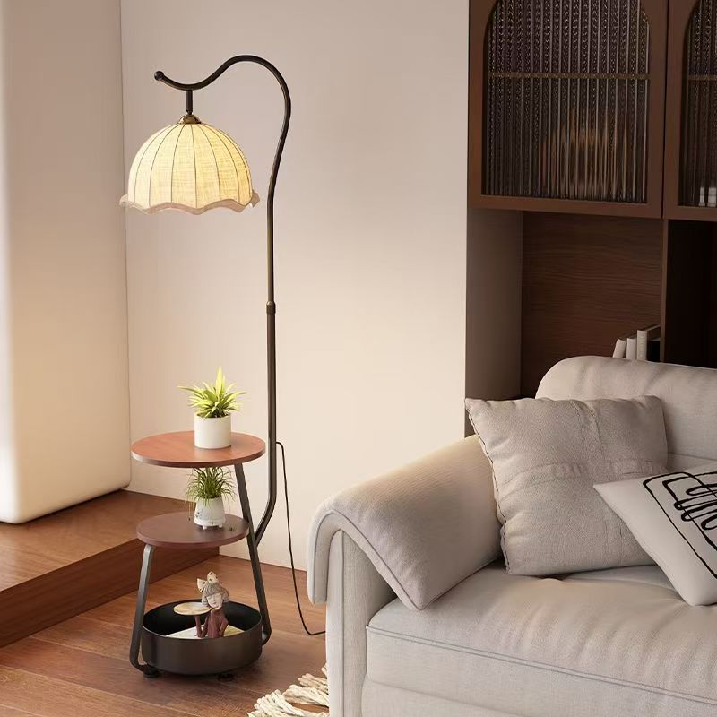 中古风客厅落地灯北欧沙发边复古设计卧室床头书房置物架一体台灯