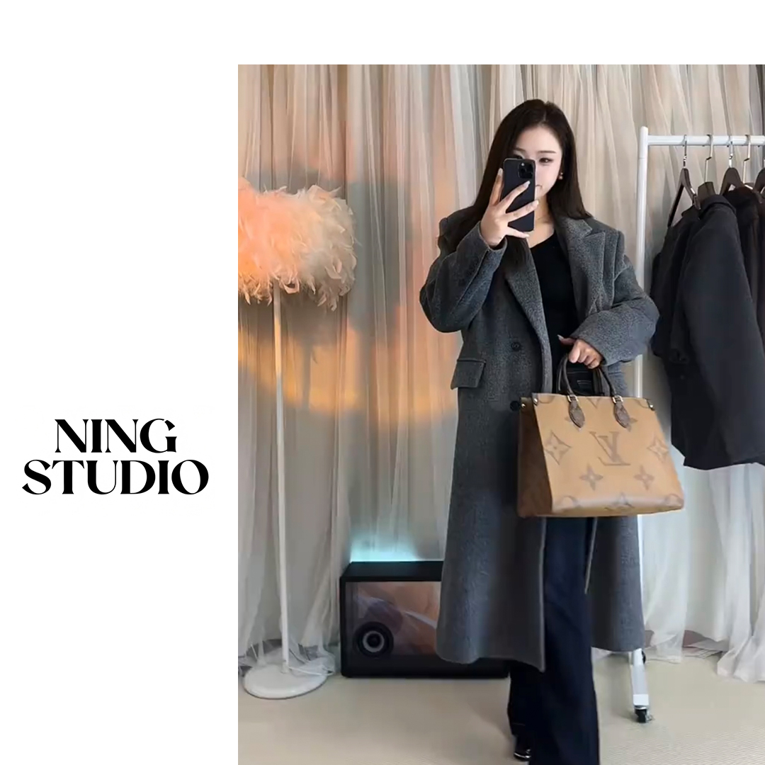 NING 高级感灰色夹棉枪驳领垫肩长款 显瘦秋冬毛呢大衣外套女