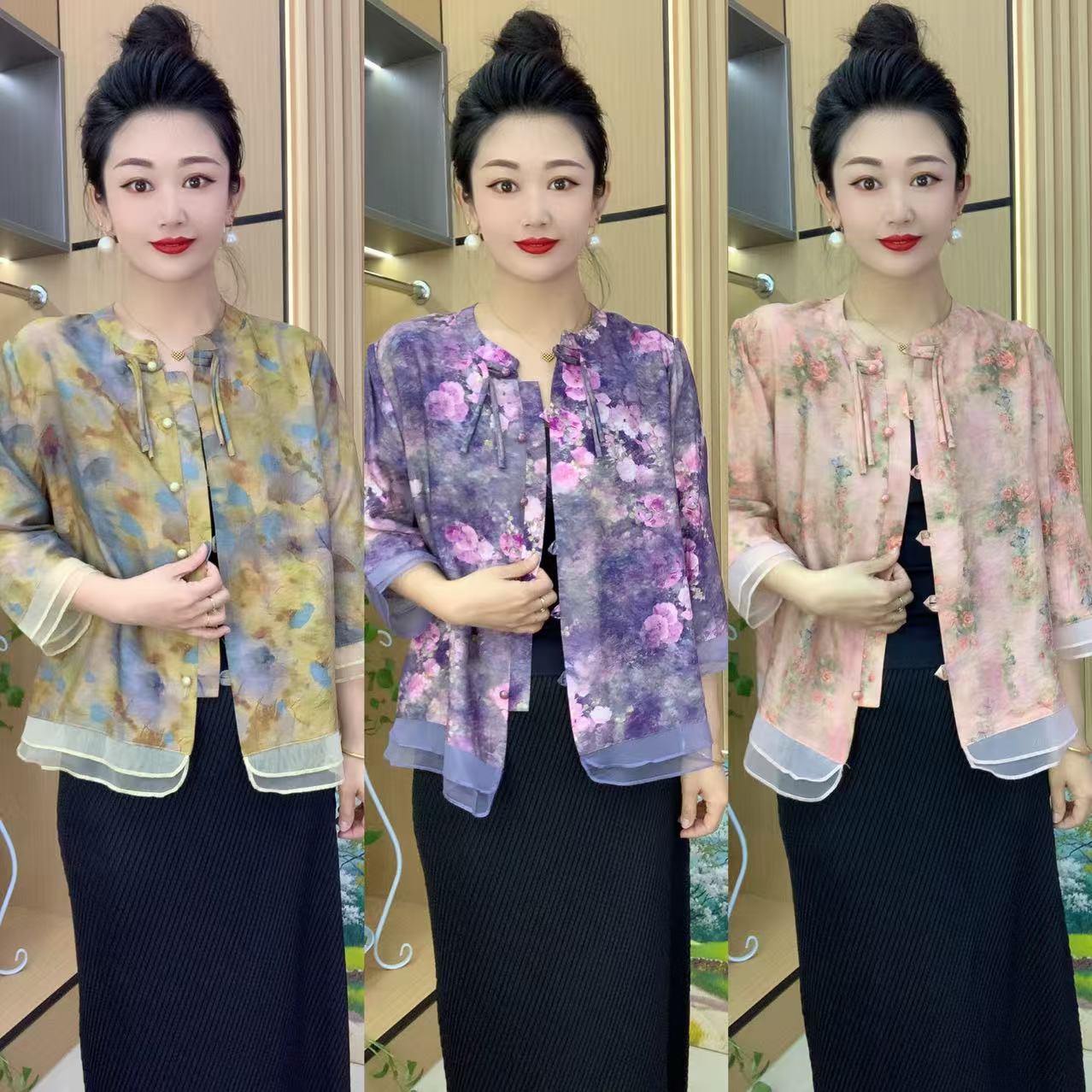 时尚水墨画网纱拼接国风盘扣开衫052#