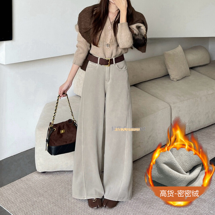 弯刀阔腿牛仔裤女加绒加厚秋冬季2025年新款休闲镰刀宽松直筒裤子