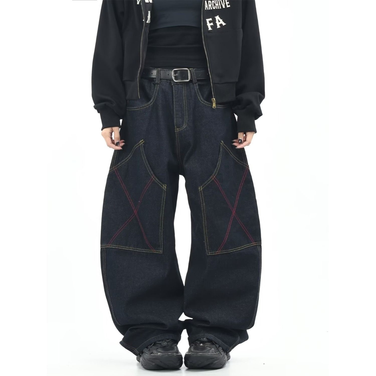 原创美式复古大口袋拼接水洗弯刀牛仔裤男女街头宽松阔腿长裤子